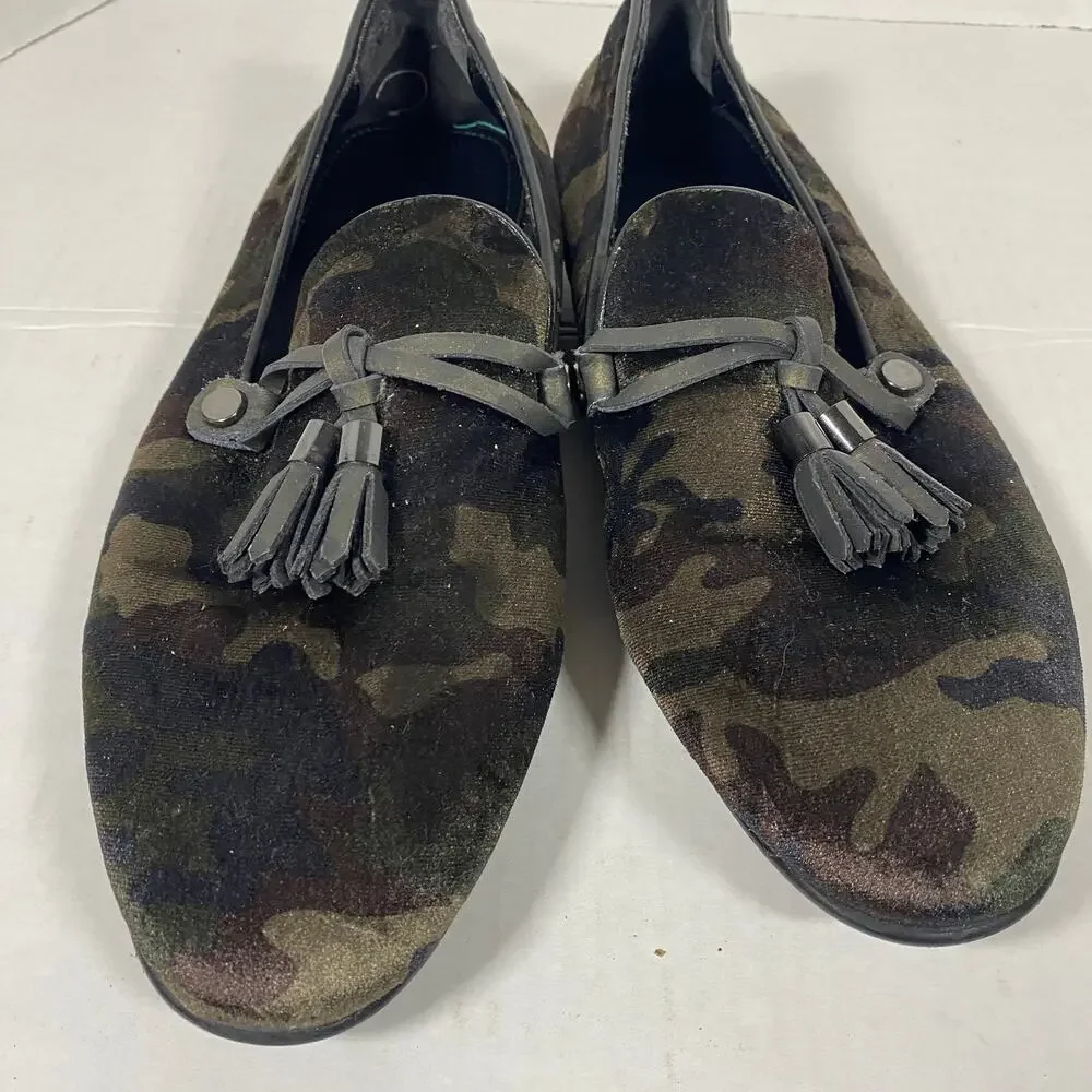 ALDO Men's Velvet Camo Tassel Loafers Dark Green Brown Sz 8